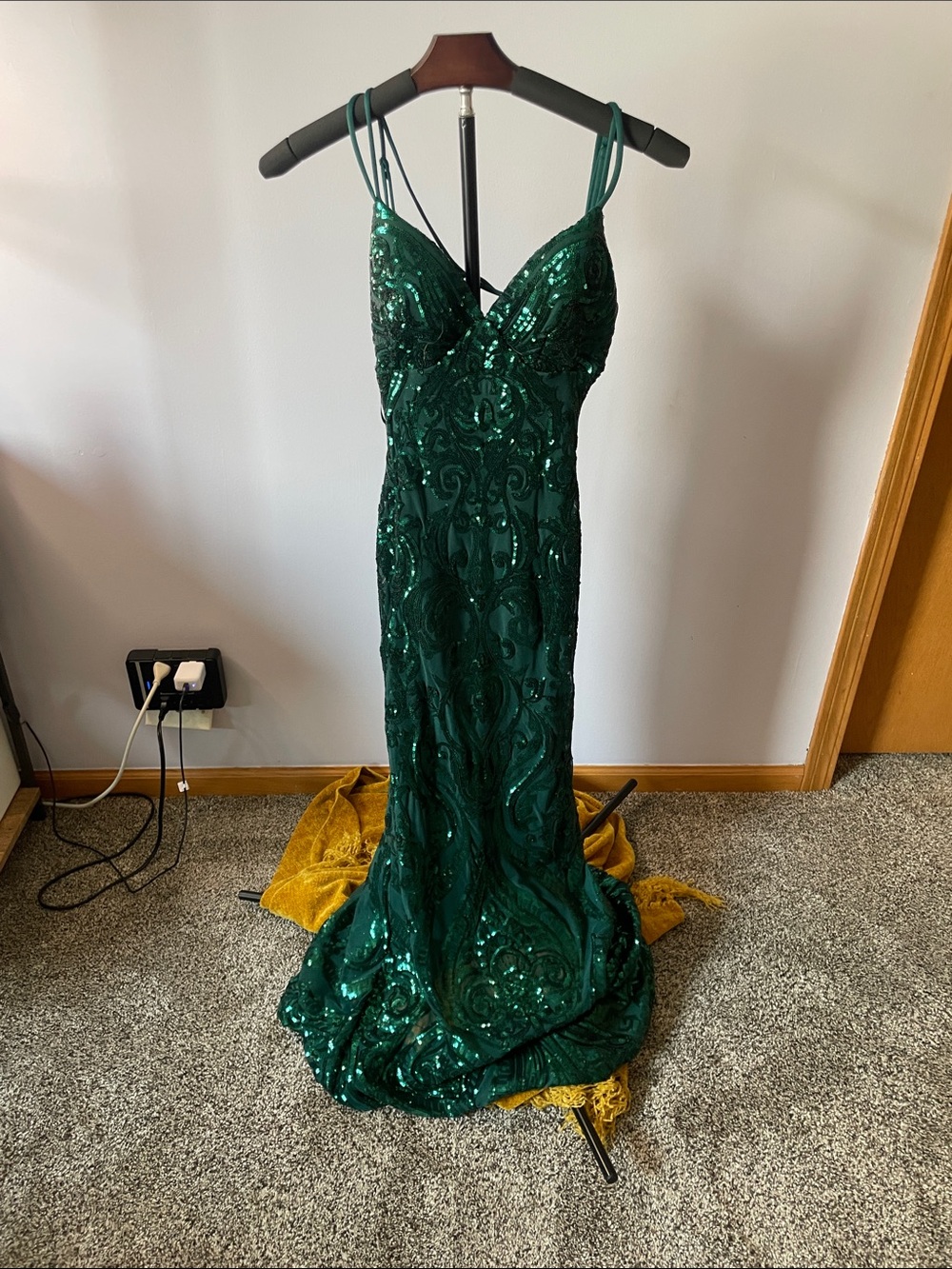Emerald Green Sequin Evening Gown - Sleeveless Spaghetti Strap